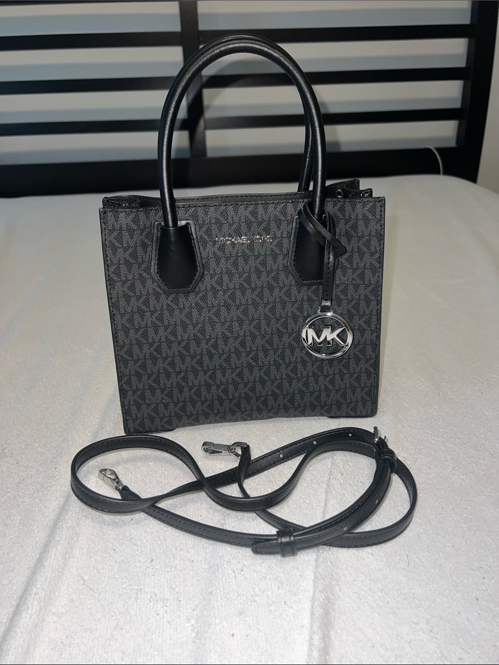Michael Kors Black Signature Mini Tote with Silver MK Charm